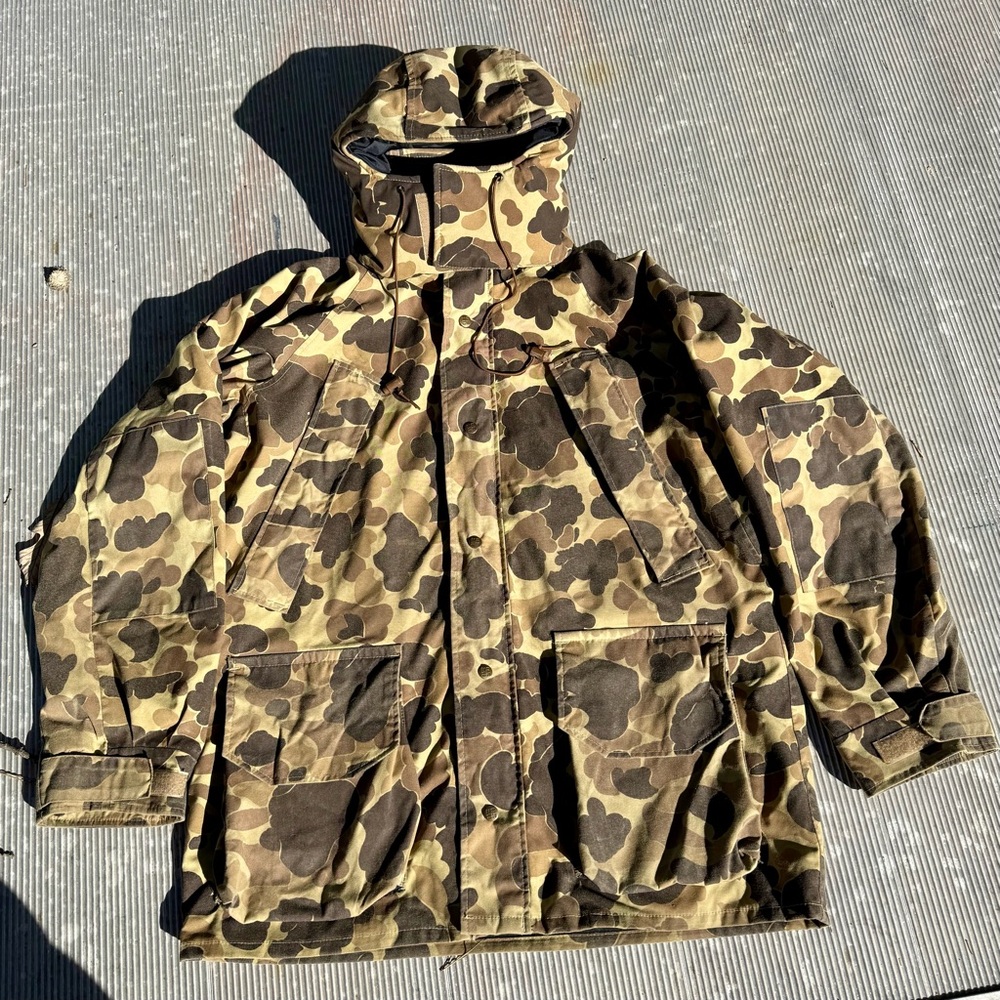 Vintage Columbia Gore-Tex Camo Duck Hunting Jacket USA Made Sz L Radial Sleeve